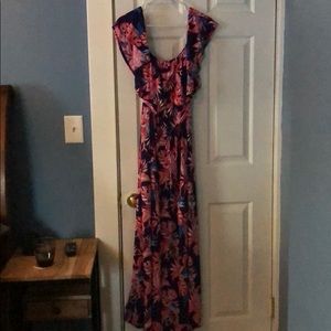 Purple Tropical Print Ruffle Trim Maternity Dress